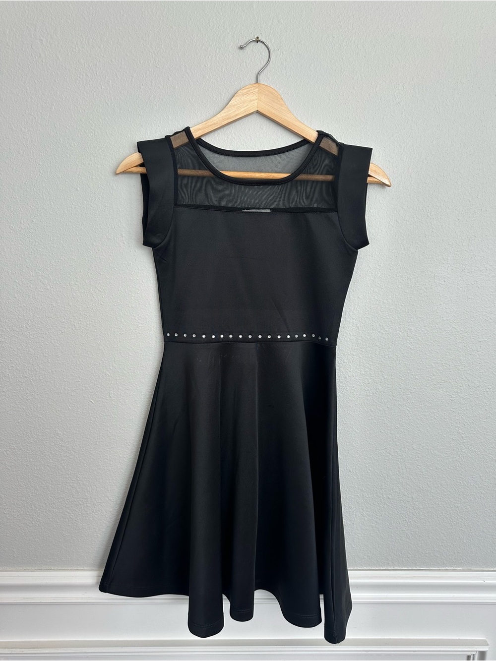 btween Girl’s Black Sleeveless Mesh Yoke Fit-and-Flare Dress with Stud Waist